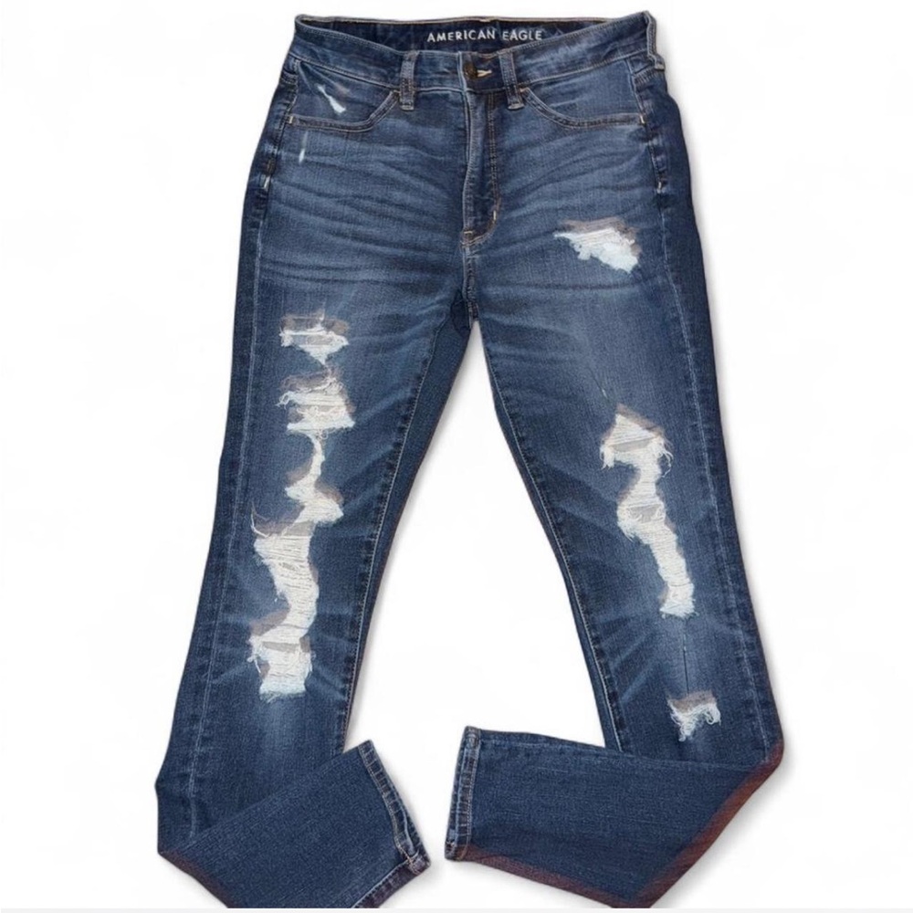 American Eagle Outfitters Women's Ripped Skinny Jeans in Dark Blue Wash